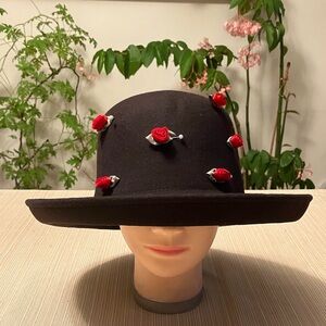 Black Wool Hat with Red Rose Accents